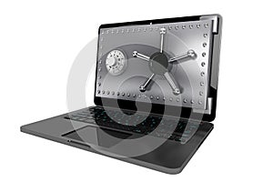 Computer security concept. Laptop with Safe Door