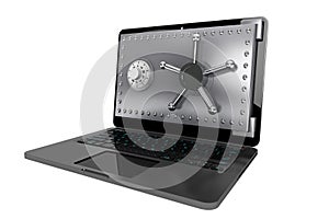 Computer security concept. Laptop with Safe Door photo
