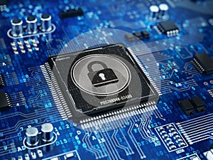 Computer security concept - Lock on computer microprocessor chip