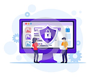 Computer Security concept, People work on screen protecting data and files. Vector