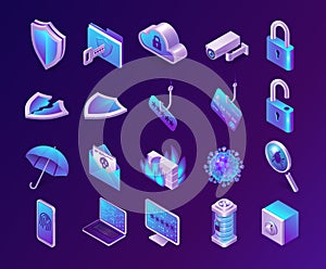 Computer security isometric 3d vector icons set