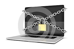 Computer security. laptop locked with chains and