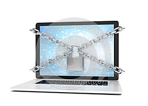 Computer security. laptop locked with chains and