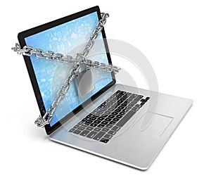 Computer security. laptop locked with chains and