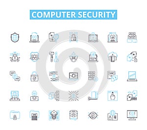 Computer security linear icons set. Firewall, Cryptography, Malware, Authentication, Encryption, Phishing, Virus line