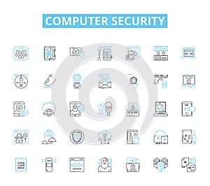 Computer security linear icons set. Firewall, Cryptography, Malware, Authentication, Encryption, Phishing, Virus line