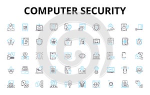 Computer security linear icons set. Firewall, Cryptography, Malware, Authentication, Encryption, Phishing, Virus vector