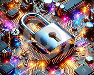 Computer Security Passwords Protected Codes Microchip Circuit Board Electronics Internet Safety AI Generated