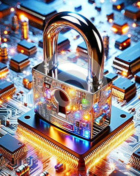 Computer Security Passwords Protected Codes Microchip Circuit Board Electronics Internet Safety AI Generated