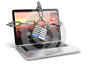 Computer security or safety concept. Laptop keyboard with lock a