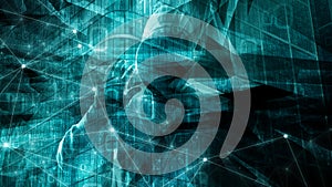 Computer security system, robot with human face hacking computer science abstraction numbers, machine learning symbol conception,