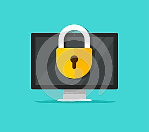 Computer security vector illustration, flat cartoon desktop pc with closed lock, concept of firewall protection, privacy