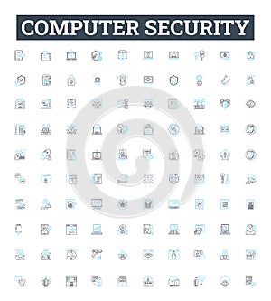 Computer security vector line icons set. Antivirus, Firewall, Encryption, Patching, Phishing, Malware, Vulnerability