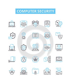 Computer security vector line icons set. Antivirus, Firewall, Encryption, Patching, Phishing, Malware, Vulnerability