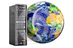 Computer Server with Earth Globe. Global internet concept, 3D rendering