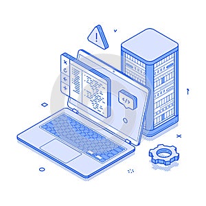Computer server maintenance programming database hardware support isometric vector illustration