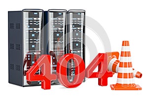 Computer Server Racks with 404 text, technical problem concept.