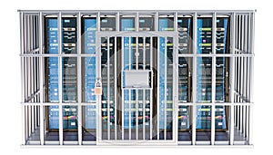 Computer Server Racks inside cage, prison cell. 3D rendering