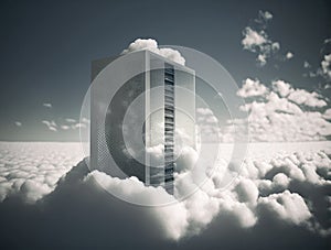 A computer server rising over clouds like a skyscraper, symbolizing the limitless potential of cloud computing. Generative AI