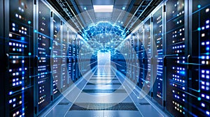 A computer server room with a large blue brain on the wall