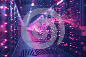 A computer server room with pink lights and a purple background