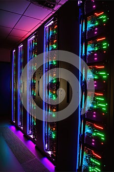 Computer servers with glowing lights in server farm, created using generative ai technology