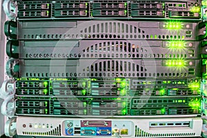 Computer servers are in the rack of a modern data center. Database of the billing system of access. Storage Servers