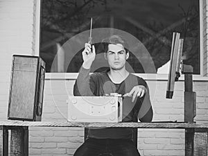 Computer service. man fix computer device or printer
