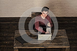 Computer service. smiling man fix computer device or printer