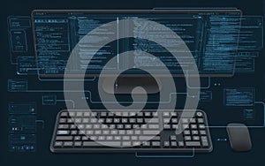 Computer setup displaying programming code and digital interface elements in a modern workspace