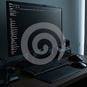 Computer setup featuring a monitor displaying a list of folders, possibly emails, with a