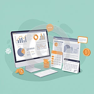 A computer setup with a monitor displaying various graphs and charts, including bar