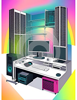 Computer setup, rainbow, retro cd player, rainbow-core, city pop
