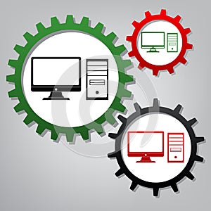 Computer sign illustration. Vector. Three connected gears with i