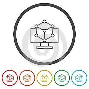 Computer simulation icon. Set icons in color circle buttons