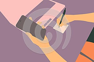 Computer, smartphone in hands, pen notepad. The workplace of a business person. Vector color illustration.