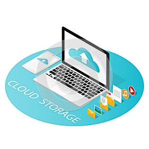 Isometric computer smartphone,upload cloud storage backup anywhere vector photo