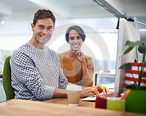 Computer, smile and portrait of business people in office of startup company with creative career. Discussion