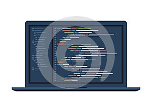 Computer software coding vector concept. Programming coding script java, digital program code on laptop screen. Vector