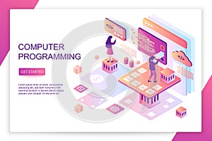 Computer software programming, coding, front end development, modern 3d isometric vector website landing page template