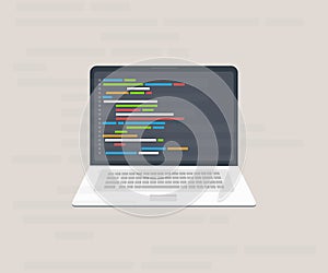 Computer software with programming coding text application window on laptop screen logo design. Big data processing, computing.