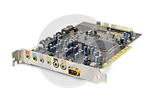 Computer sound card on white background