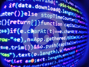 Computer source code programmer script developer. Screen of web developing javascript code. Computer language script code screen.
