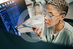 Computer, speaker phone call or business woman on stock market discussion, consultation or crypto advice. Cellphone