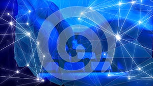 Computer spy man cybercrime, cyber hacker typing on keyboard, circle dots and lines connected