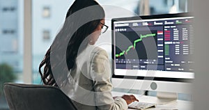 Computer, stock market and business woman typing, analysis or check growth data, trading revenue or analytics. Finance