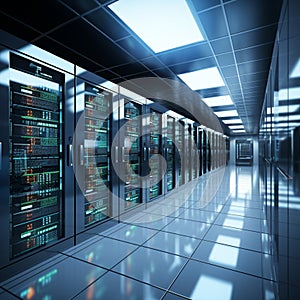 Computer storage systems in a white server room, 3D rendering