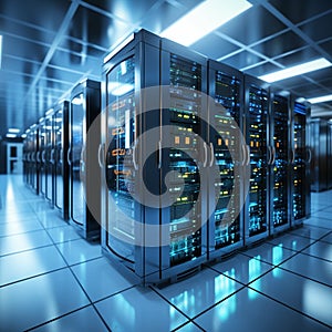 Computer storage systems in a white server room, 3D rendering