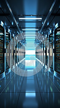 Computer storage systems in a white server room, 3D rendering