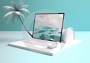 computer summer palm tree beach concept vacation travel tropical laptop. Generative AI.